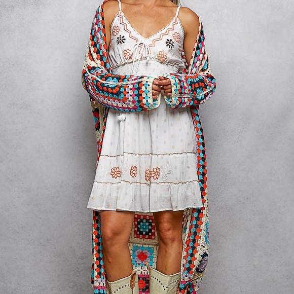 New POL Long Crochet Granny Square Duster Cardigan Boho Multicolor One Size - Picture 5 of 12